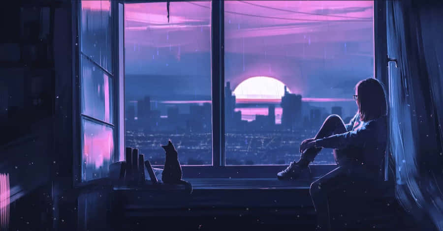 Girl Gazing At The Blue And Purple Sunset Wallpaper