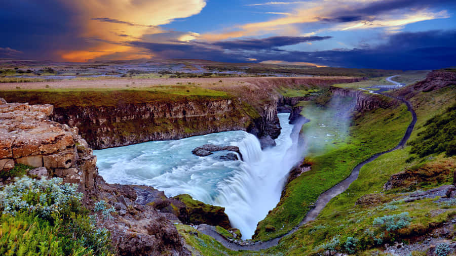 Gullfoss Waterfall In Southwest Iceland During Twilight Wallpaper