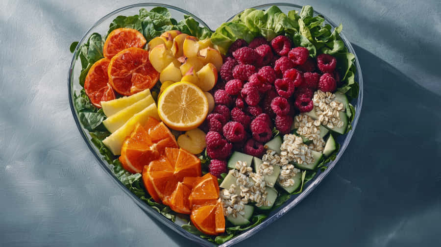 Healthy Heart-shaped Bowl With Fresh Fruits, Vegetables, And Nuts For A Nutritious Diet Wallpaper