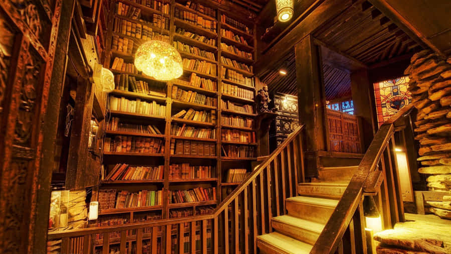 Home Library Staircase Bookshelves Wallpaper