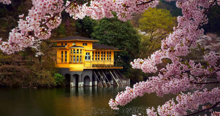 Japanese Lake Side House Desktop Wallpaper
