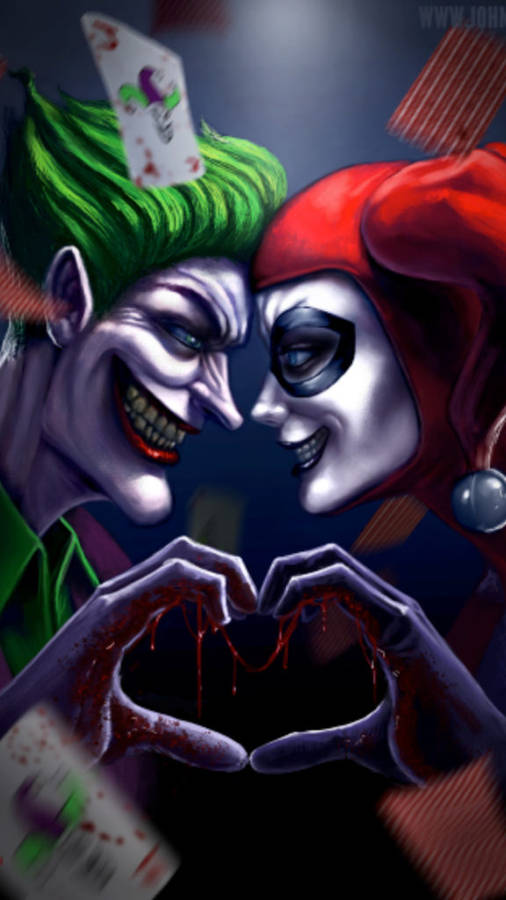 Joker Phone Hand Heart With Harley Quinn Wallpaper