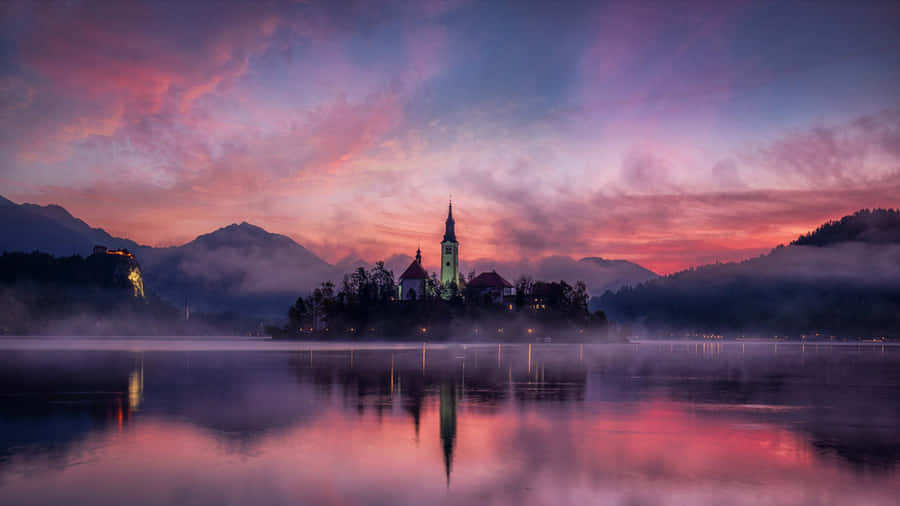 Lovely Purple Sky Above Lake Bled Wallpaper