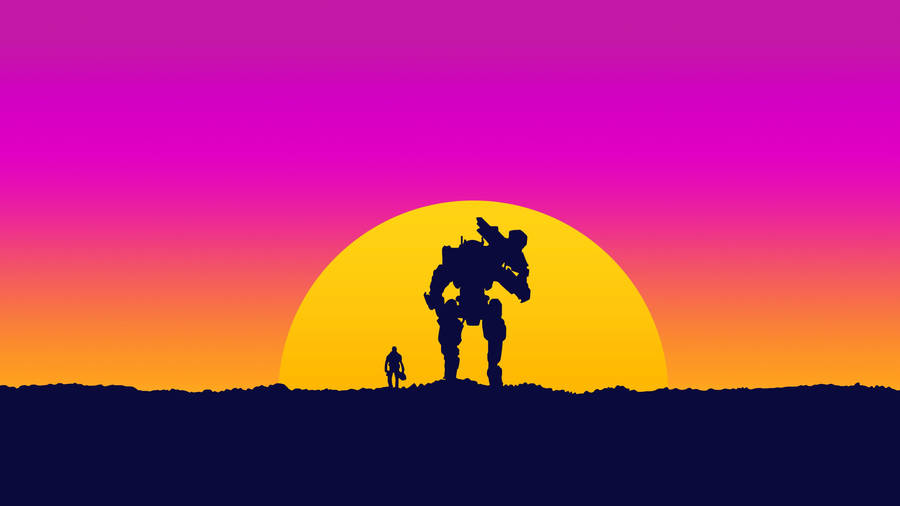 Man And Robot Gaming On Sunset Wallpaper