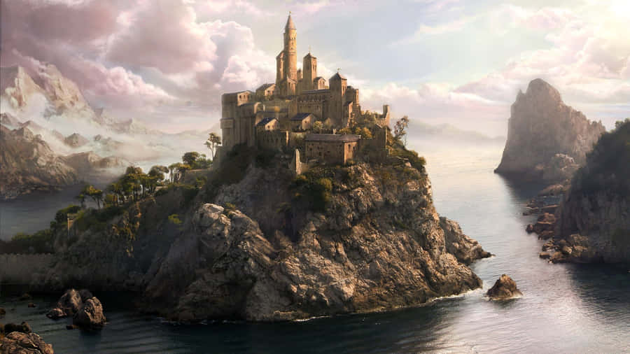 Medieval Kingdom Fantasy Castle On Cliff Wallpaper