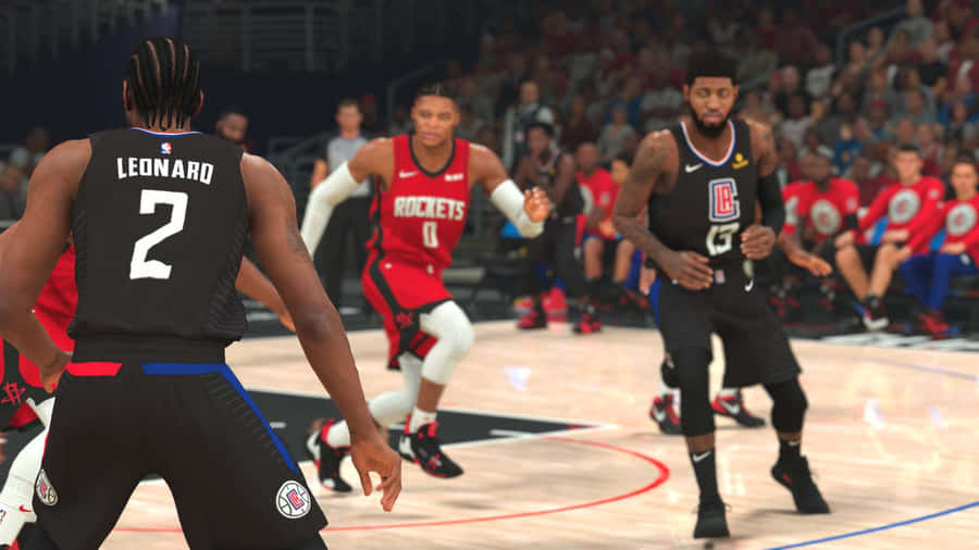 Nba 2k20 Game Action: Skillful Virtual Basketball Players Competing Wallpaper