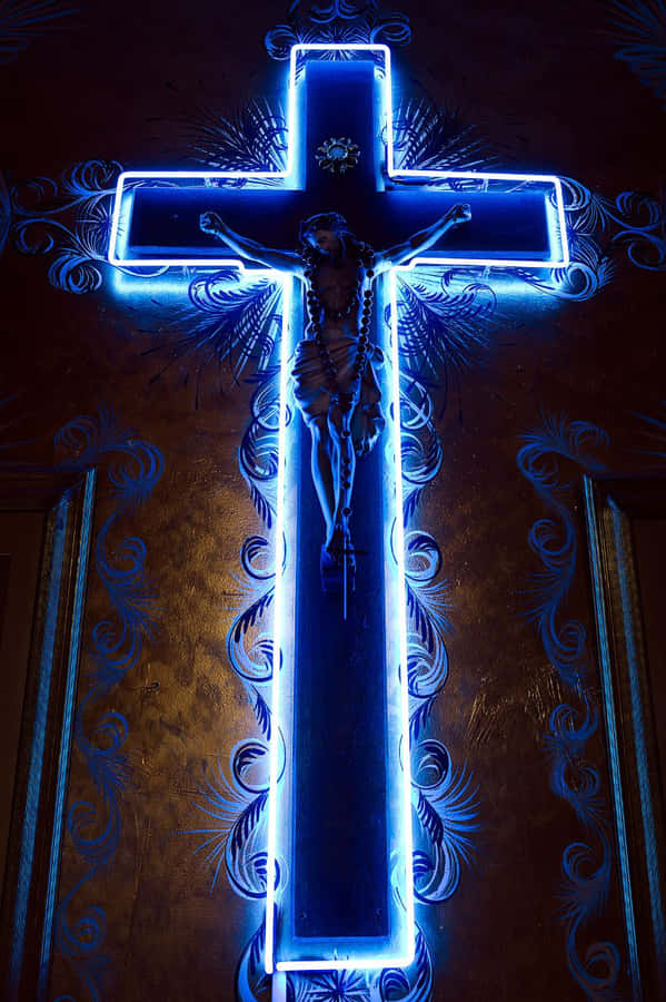 Neon Cross Neon Blue Jesus Wallpaper