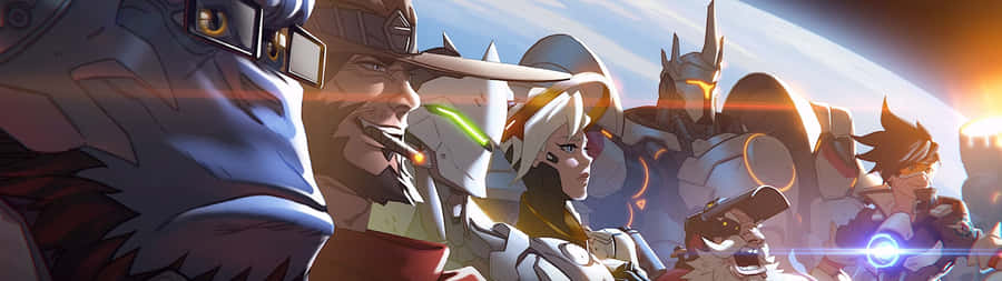 Overwatch - A Group Of Characters Standing In Front Of The Sun Wallpaper