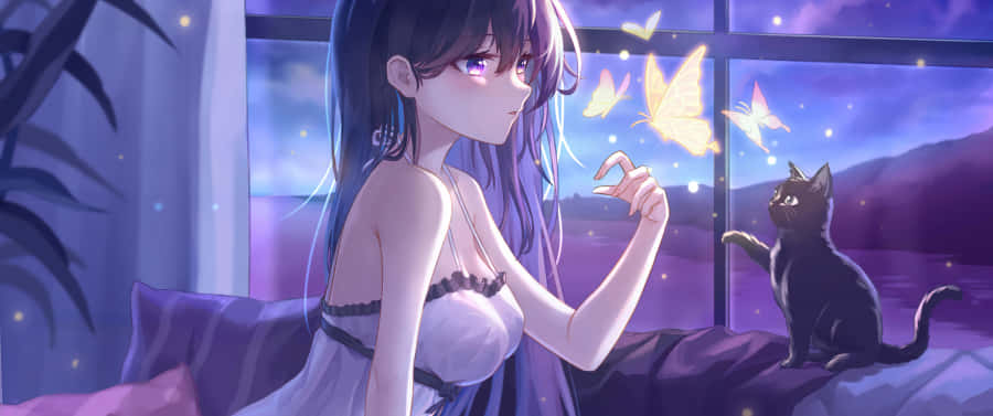 Purple Anime Girlwith Catand Magic Butterflies Wallpaper