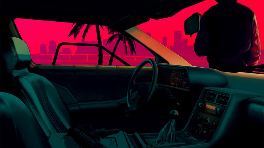 Retro Futuristic Car Interior Sunset Wallpaper