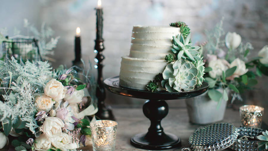 Rustic Bohemian Succulent Wedding Cake In Woodland Setting Wallpaper