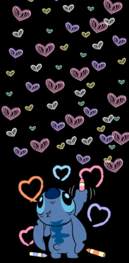 Stitch Surroundedby Hearts Wallpaper