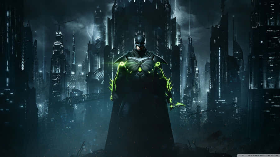 The Dark Knight Looms Over The Skyline Of Batman City. Wallpaper