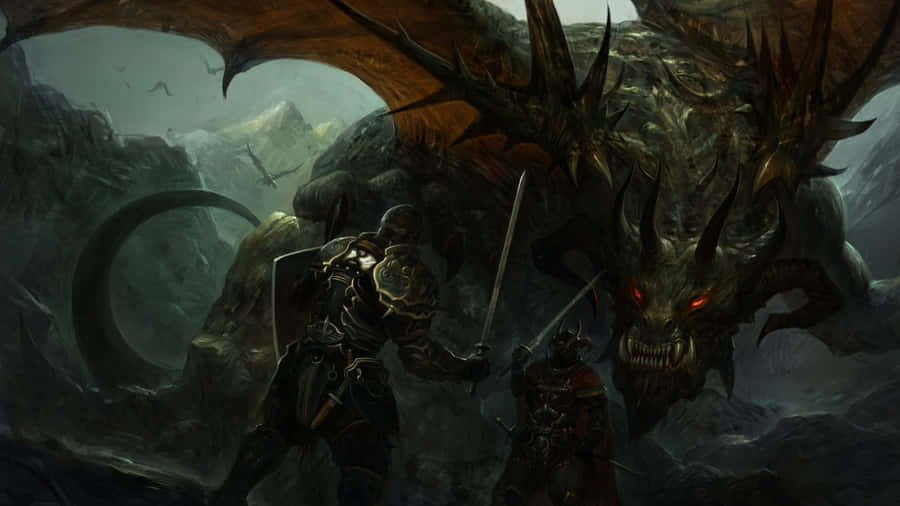 The Knights And Scary Dragon Wallpaper
