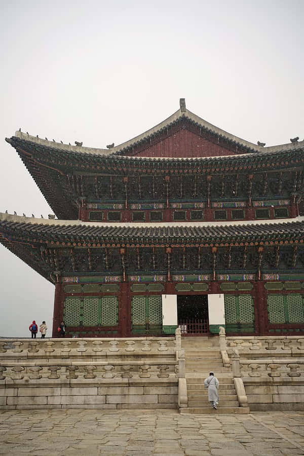 Three Tourists At Gyeongbokgung Palace Wallpaper