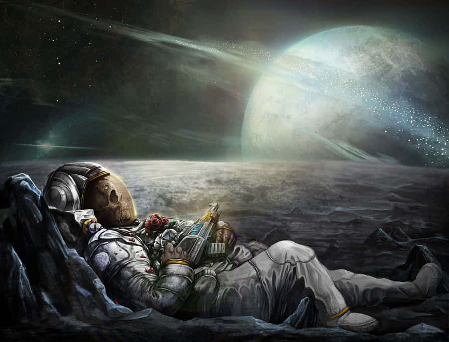 Trippy Skull Astronaut In Space Chilling Wallpaper
