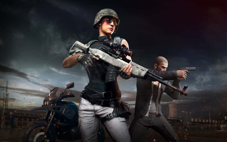 Two People With Guns In Front Of A Motorcycle Wallpaper