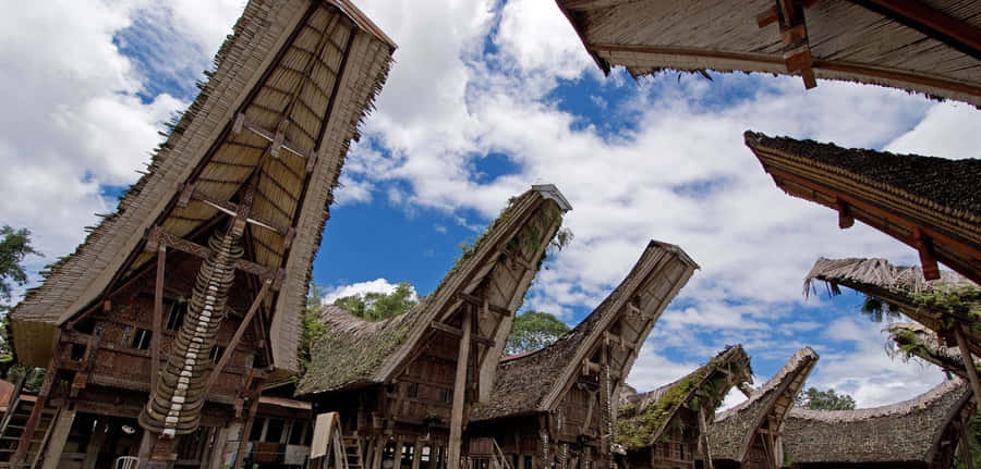 Unique Boat-shaped Roofs Of Traditional Toraja Houses In Sulawesi Wallpaper