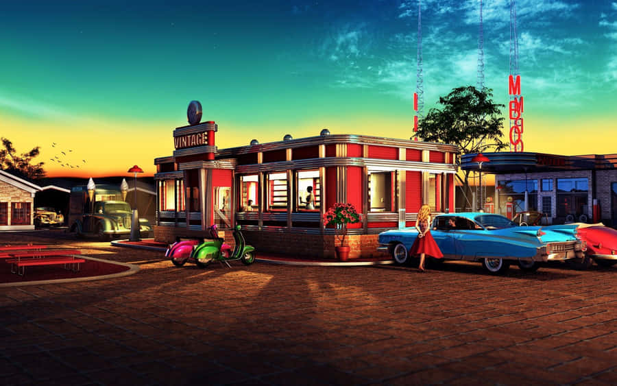 Vintage Retro Diner Digital Artwork Wallpaper