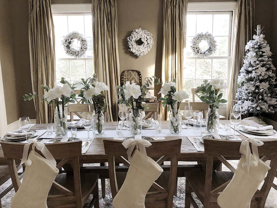 White Porcelain Farmhouse Christmas Banquet Wallpaper