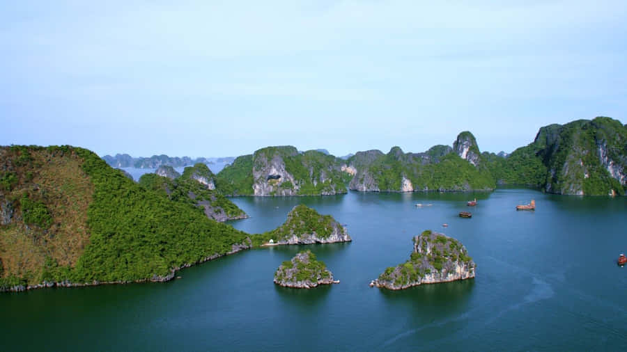 Wide Shot Of Halong Bay In Vietnam Wallpaper
