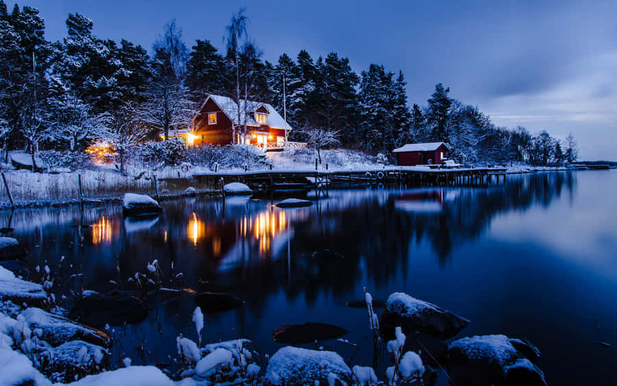 Winter Night Desktop With A Lake Wallpaper