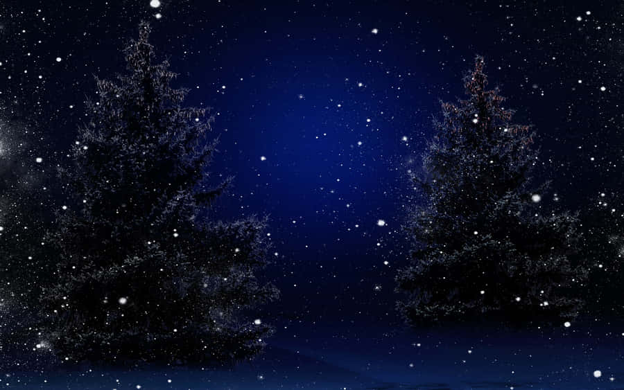 Winter Night Desktop With Floating Christmas Trees Wallpaper