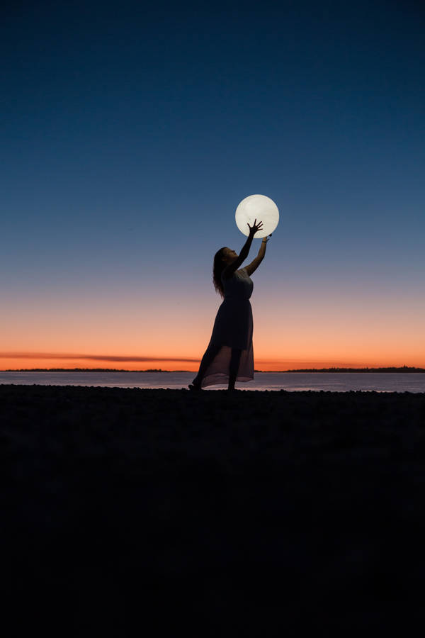 Woman Beach Moon Night Sky Wallpaper