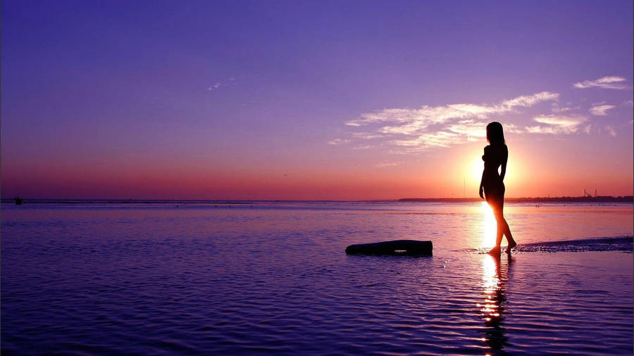 Woman Beach Purple Sky Wallpaper