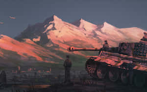 1440x900 Tanks Digital Painting With Mountain Wallpaper