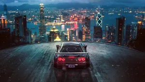 1920 X 1080 Night City Black Sports Car Wallpaper