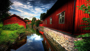 1920x1080 Full Hd Canal Near Barn Wallpaper