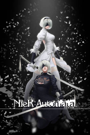 2b Showcases Her Stylish Silhouette In Nier Automata Wallpaper