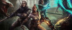 3440x1440 Witcher Characters Fighting Monsters Wallpaper