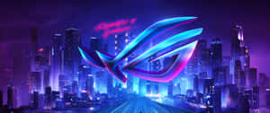 3840 X 1080 Gaming Rog Logo Neon City Wallpaper