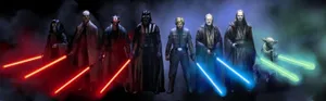 4k Dual Monitor Sith And Jedi Holding Lightsabers Wallpaper