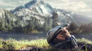 4k Master Chief Helmet On The Grass Wallpaper