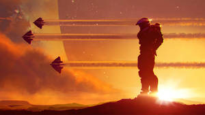 4k Master Chief Silhouette Against Sunlight Wallpaper