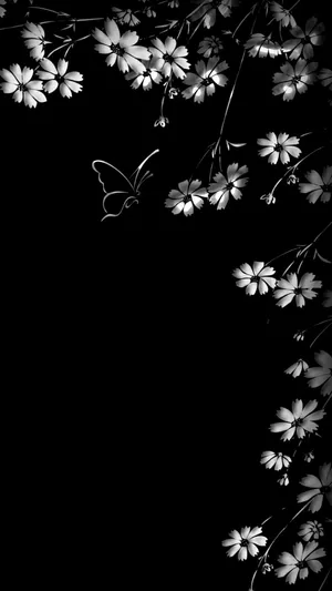 A Black And White Photo Of Flowers And A Butterfly Wallpaper