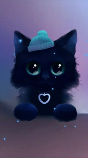 A Black Cat With A Blue Hat And A Heart Wallpaper