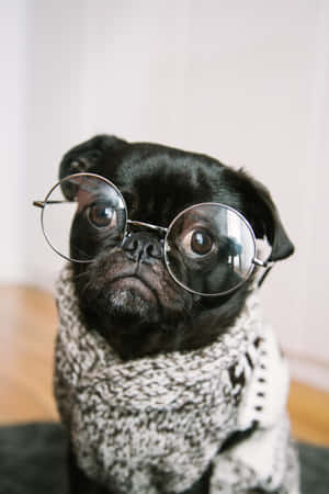 A Black Pug Wearing Glasses Wallpaper