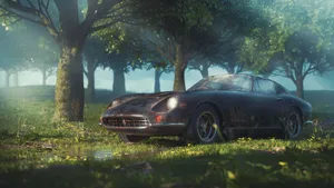 A Car Is Parked In The Grass Near Trees Wallpaper