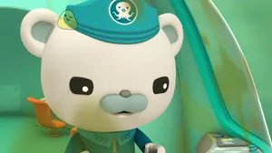 A Cartoon Bear In A Blue Shirt Is Standing In An Airplane Wallpaper