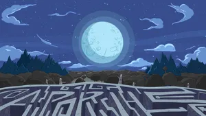 A Cartoon Image Of A Maze With A Moon In The Background Wallpaper