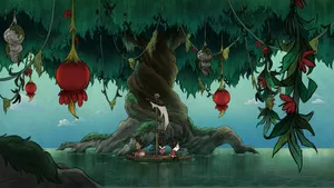 A Cartoon Tree With Flowers Hanging From It Wallpaper