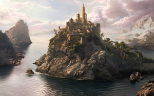 A Castle On A Rock In The Middle Of The Ocean Wallpaper