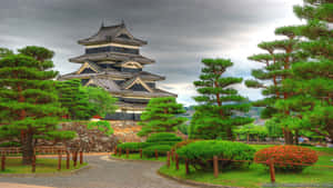 A Castle With Trees And Bushes Wallpaper