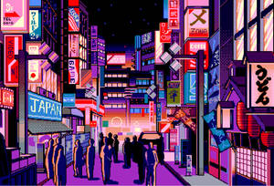 A City Street With Neon Signs Wallpaper