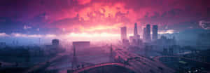 A City With A Purple Sky And A Cityscape Wallpaper