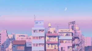 A City With Buildings And A Moon Wallpaper